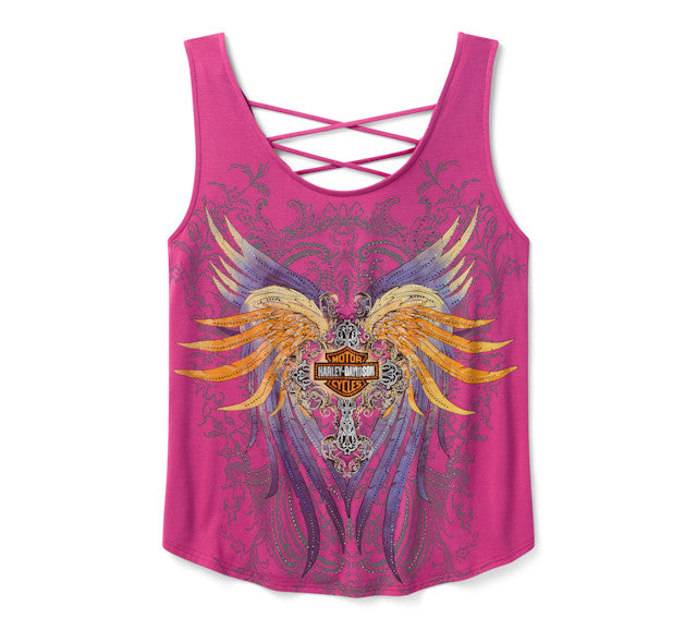 Débardeur Bling H-D® Moto Wings à dos lacé - Fuchsia