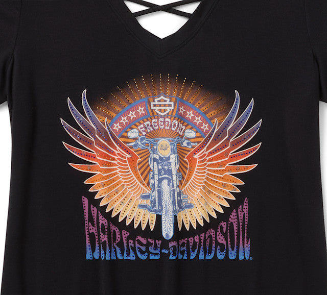 T-shirt à manches courtes Bling Sunset Ride à dos lacé - Harley Black