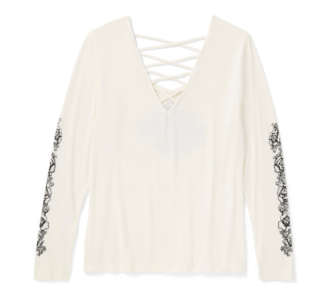 T-shirt à manches longues Bling Chrome & Roses à col en V et dos lacé - Cloud Dancer